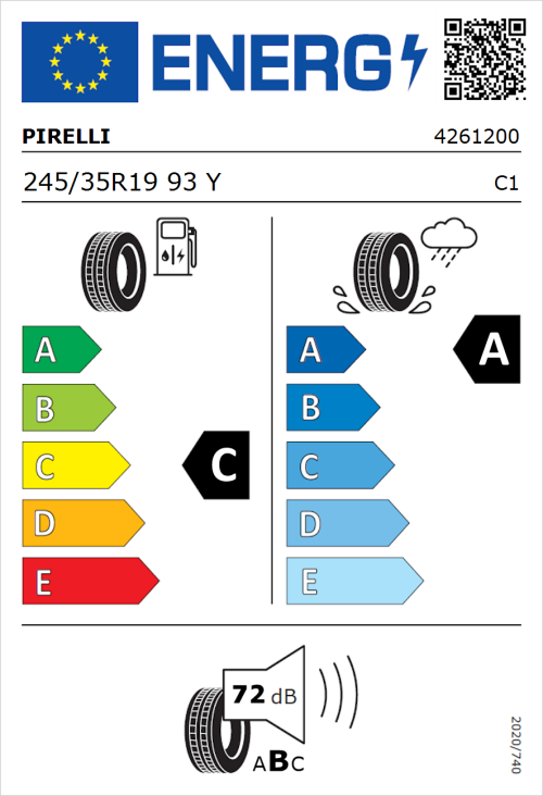 Tyre Label for Pirelli P Zero R 245/35R19 93Y