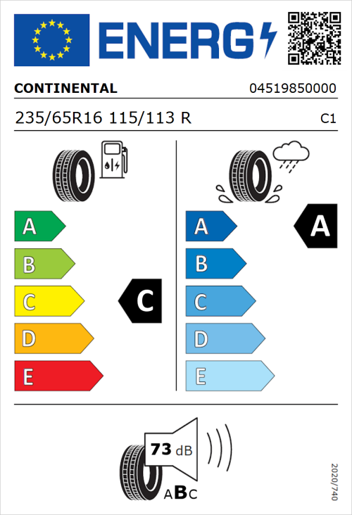 Tyre Label for Continental VanContact Camper 235/65R16 115/113R