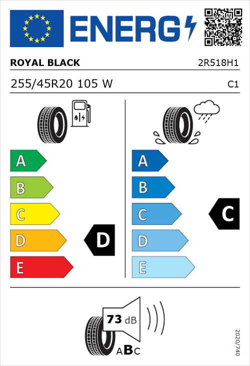 Tyre Label for Royal Black Performance 255/45R20 105W